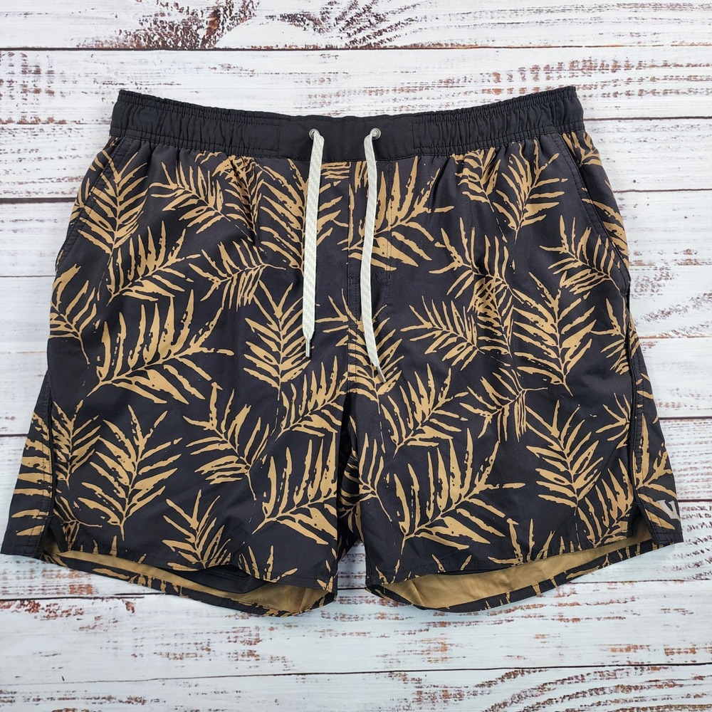 Vuori Trail Shorts 2.0 Mens L Black Tan Palm Print Lined Running